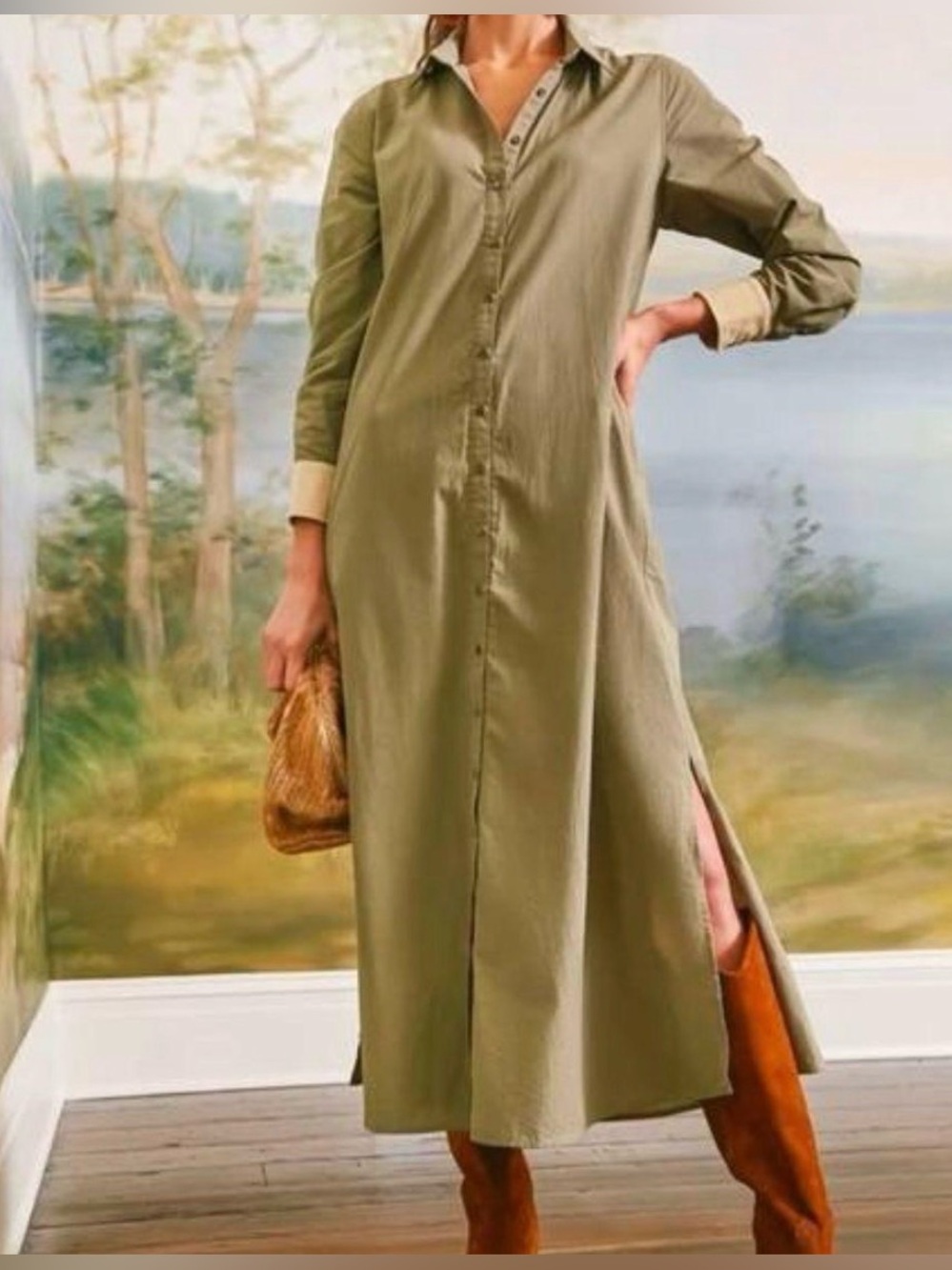 Tuckernuck NWT Shiver Shirt Dress Midi Length Button Front Army Green size small